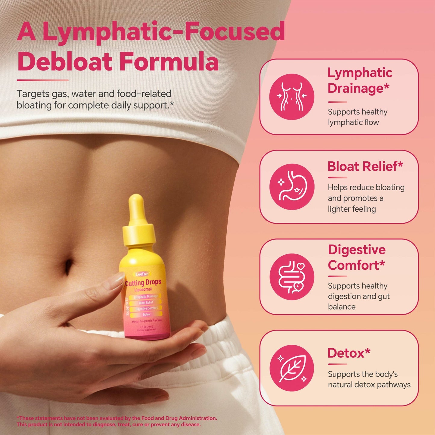 LeeFar Cutting Drops – Lymphatic-Focused Debloat Formula – Mango Dragonfruit – 30 Servings